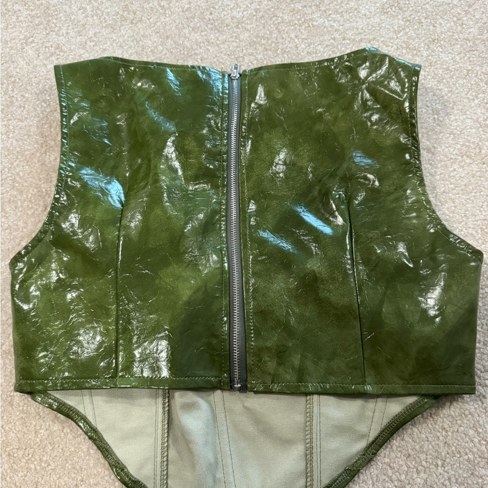 PRETTYLITTLETHING Olive Green Vinyl Corset Camisole - Picture 4 of 4